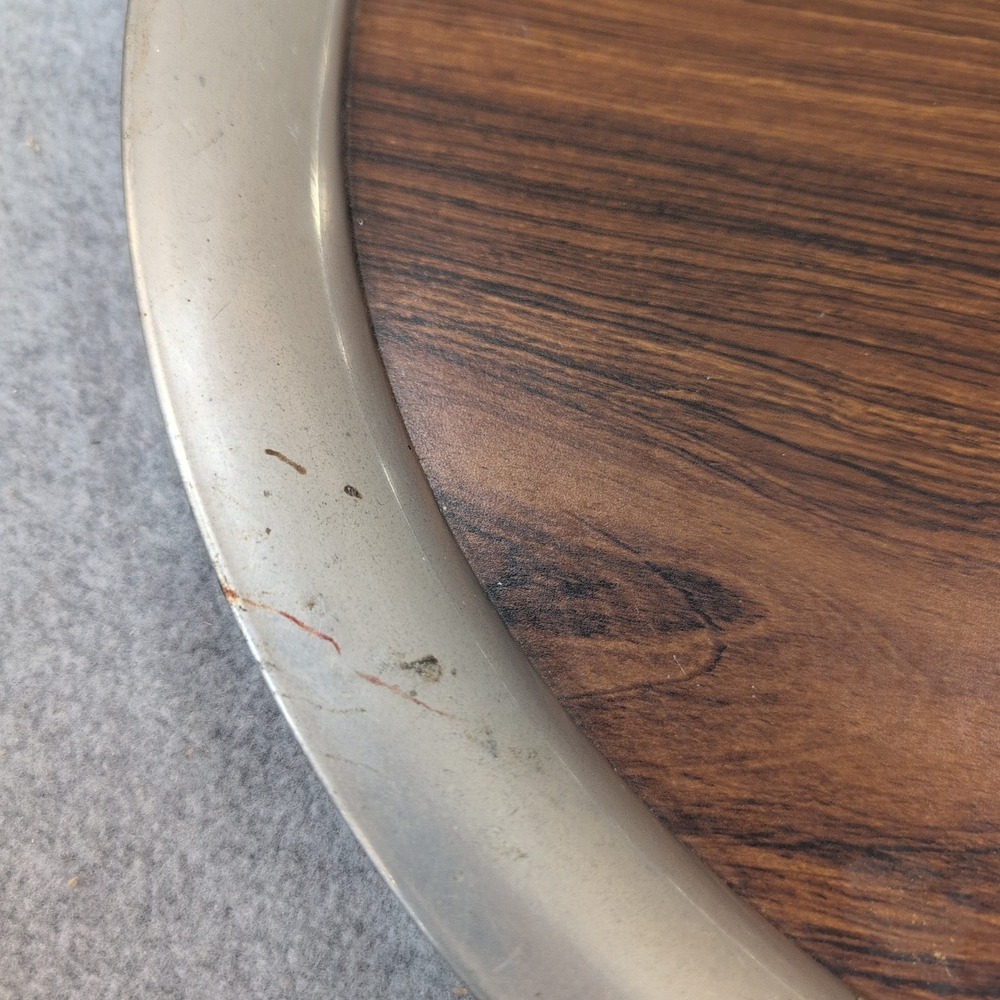 Vintage Round Wood Grain and Metal Serving Tray with Skyscraper Emblem NA307 - Picture 7 of 8